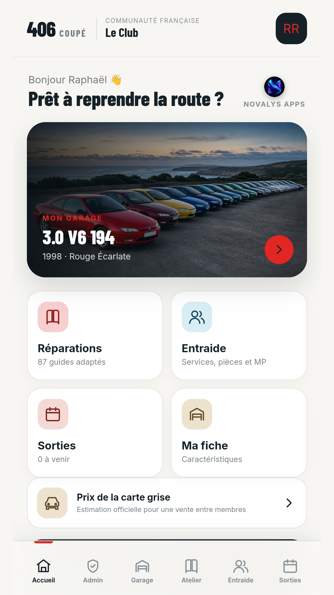Aperçu de l’écran d’accueil de l’application Coupé 406 Club