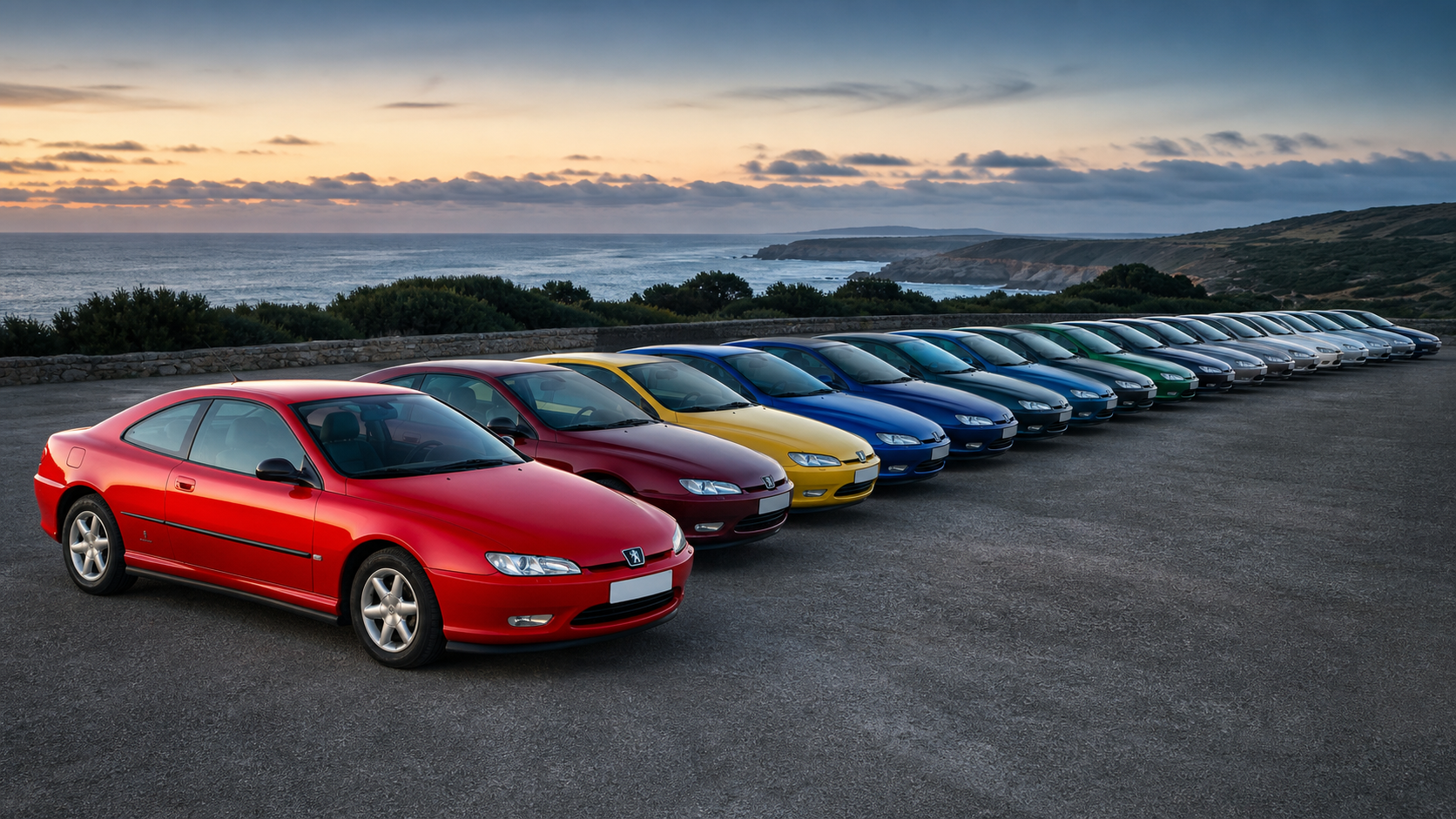 Une rangée de Peugeot 406 Coupé de différentes couleurs face à la mer